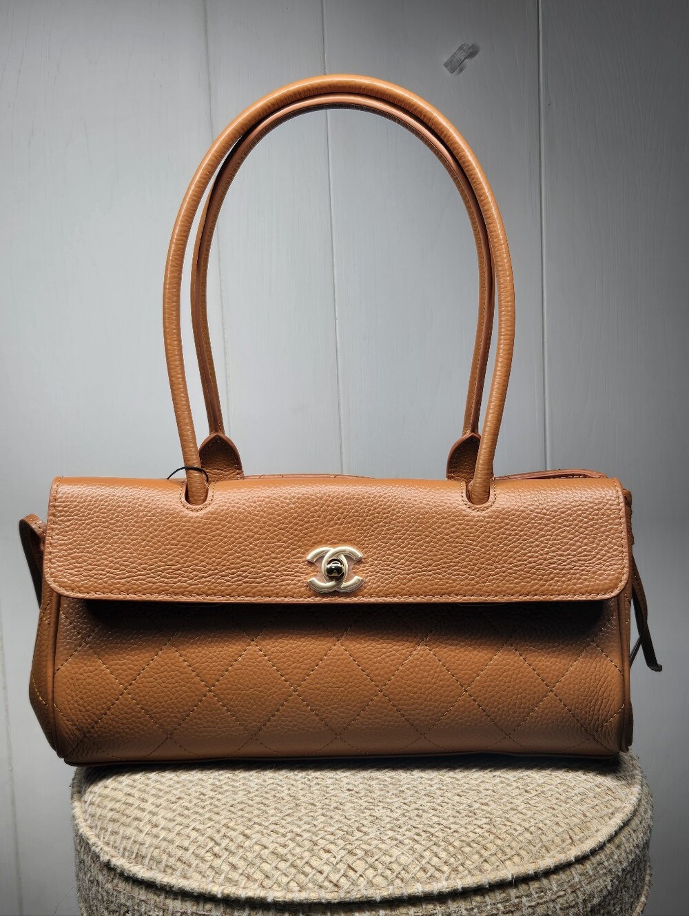 New Tan Quilted Top-Handle Shoulder Bag with CC Turnlock READ DESCRIPTION